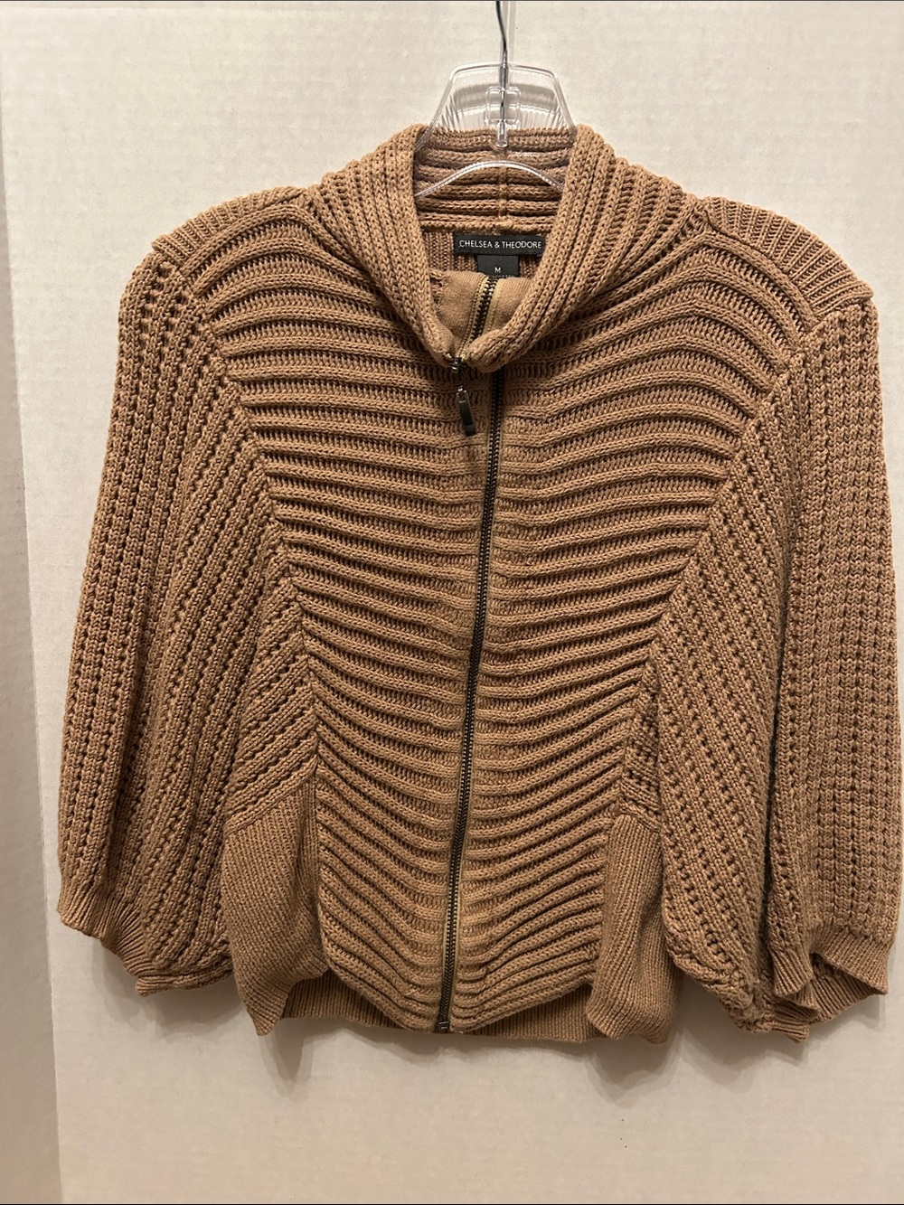 Chelsea & Theodore Caramel/Tan Textured Zip-Up Cardigan